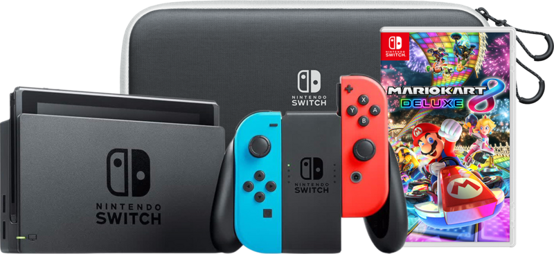 Aanbieding Nintendo Switch OLED Blauw Rood onderweg pakket met game (consoles)