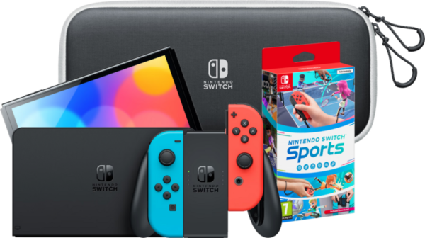 Aanbieding Nintendo Switch OLED Rood/Blauw + Nintendo Switch Sports + hoesje (consoles)