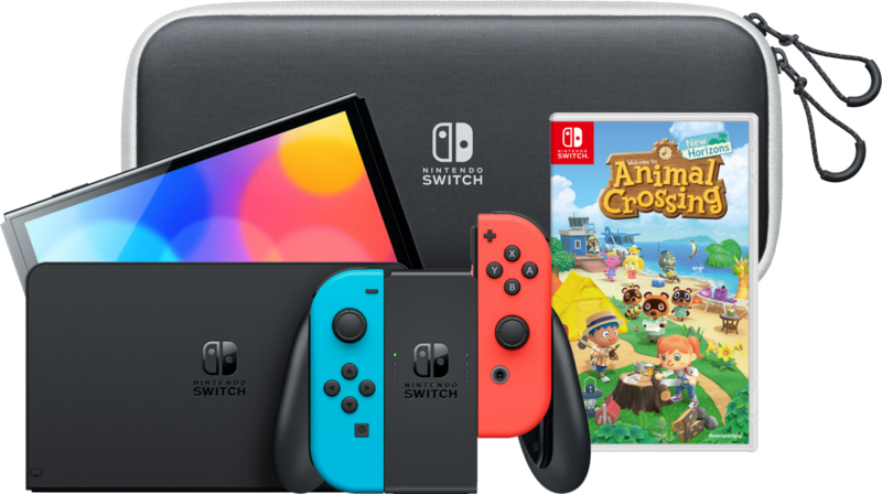 Aanbieding Nintendo Switch OLED Rood/Blauw + Animal Crossing New Horizons + hoesje (consoles)