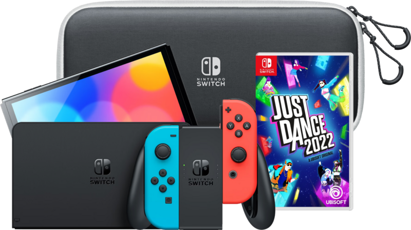 Aanbieding Nintendo Switch OLED Rood/Blauw + Just Dance 2022 + hoesje (consoles)