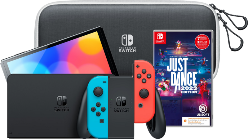 Aanbieding Nintendo Switch OLED Rood/Blauw + Just Dance 2023 + hoesje (consoles)