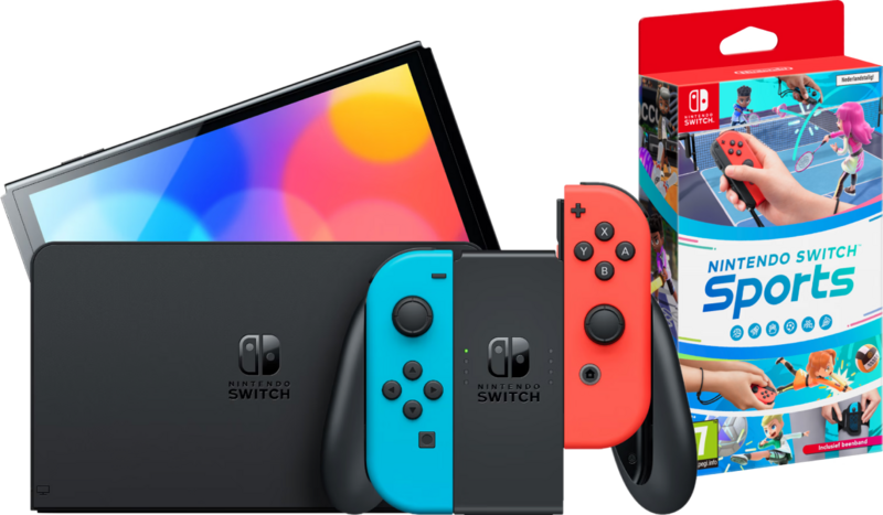 Aanbieding Nintendo Switch OLED Rood/Blauw + Nintendo Switch Sports (consoles)