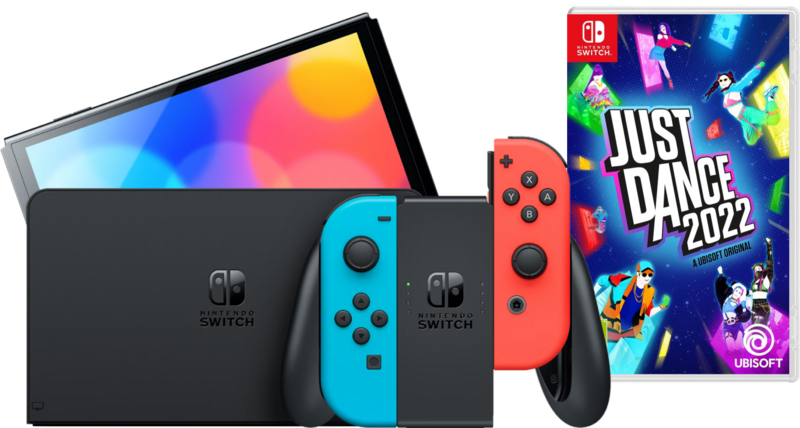 Aanbieding Nintendo Switch OLED Rood/Blauw + Just Dance 2022 (consoles)