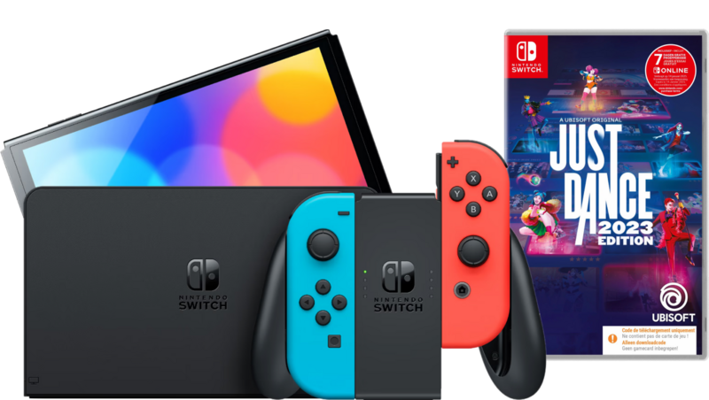 Aanbieding Nintendo Switch OLED Rood/Blauw + Just Dance 2023 (consoles)