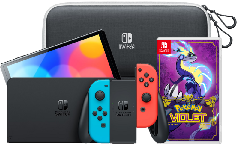 Aanbieding Nintendo Switch OLED Rood/Blauw + Pokémon Violet + Travel Case met Screenprotector (consoles)
