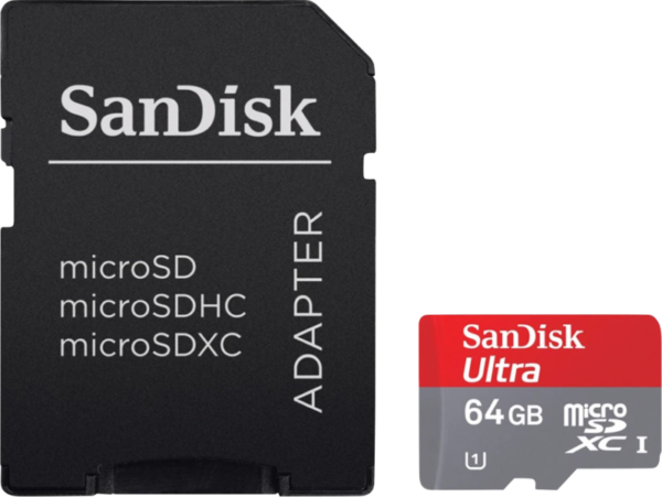 Aanbieding SanDisk MicroSDXC Ultra 64GB 120 MB/s CL10 A1 UHS-1 + SD Ada (geheugenkaarten)