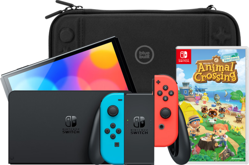 Aanbieding Nintendo Switch OLED Blauw/Rood + Animal Crossing New Horizons + Bluebuilt Travel Case (consoles)