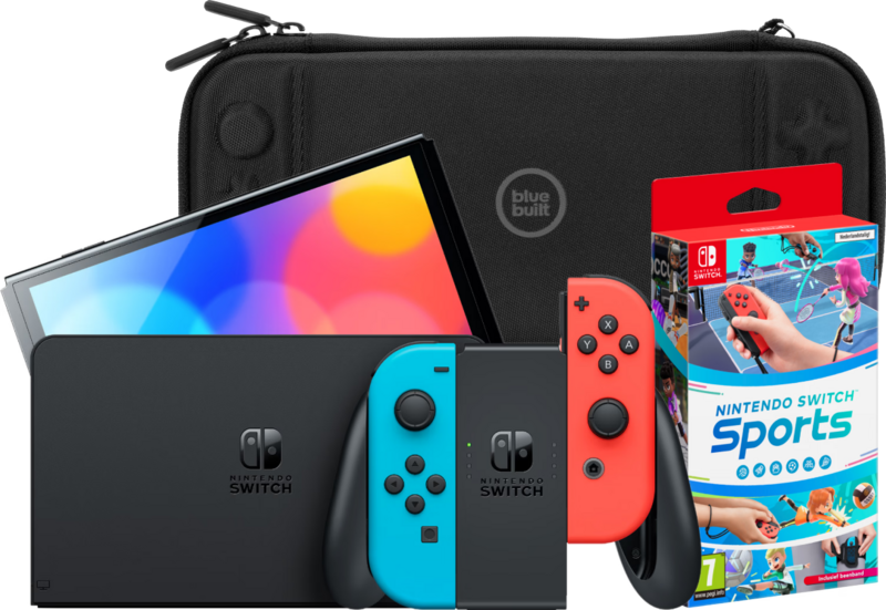 Aanbieding Nintendo Switch OLED Blauw/Rood + Nintendo Switch Sports + Bluebuilt Travel Case (consoles)