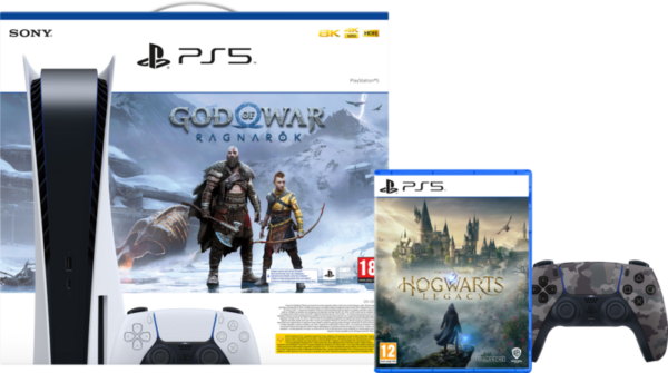 Aanbieding PlayStation 5 Disc Edition + God of War + Hogwarts Legacy + Extra controller Grey Camo (consoles)