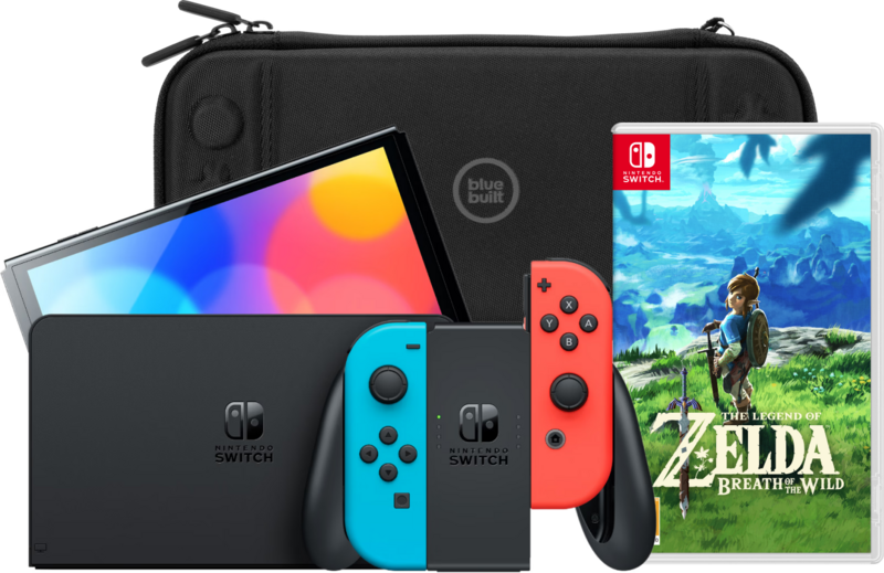 Aanbieding Nintendo Switch OLED Rood/Blauw + Zelda: Breath of the Wild +  Bluebuilt Travel Case (consoles)