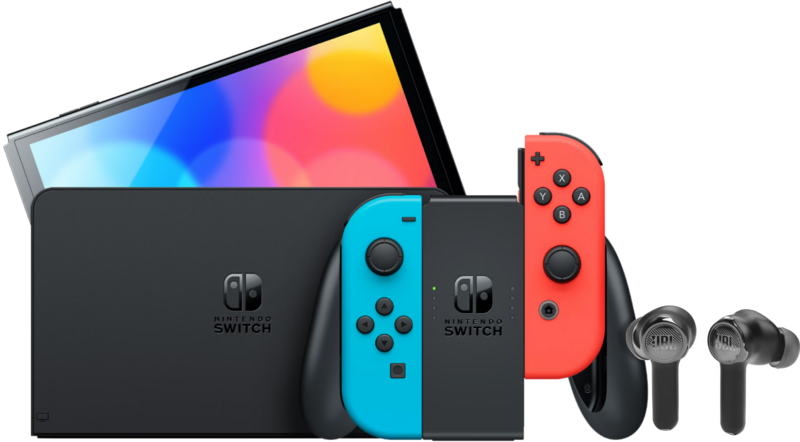 Aanbieding Nintendo Switch OLED Rood/Blauw + JBL Quantum TWS (consoles)