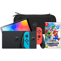 Koop Nintendo Switch OLED Blauw/Rood + Super Mario Bros. Wonder + BlueBuilt Beschermhoes - 6095626044006