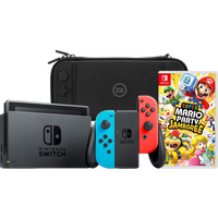 Koop Nintendo Switch Rood/Blauw + Mario Party Jamboree + BlueBuilt Beschermhoes - 6151117353351