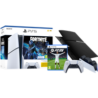 Koop PS5 Slim Disc Edition + Fortnite Voucher + FC 25  + Covers Zwart + Extra Controller Wit - 6151118334328